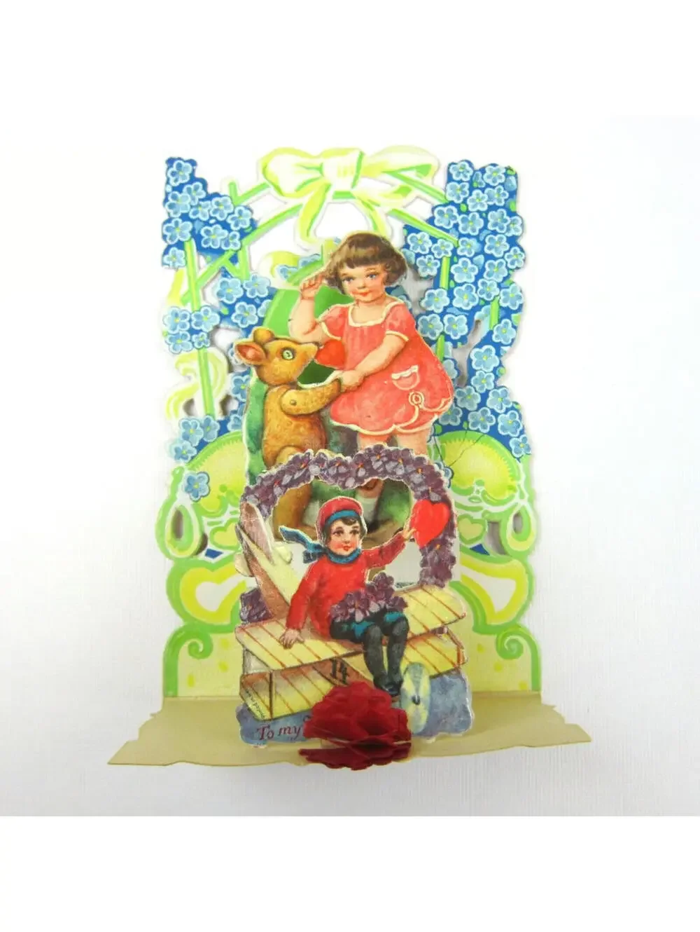 Vintage Valentine Honeycomb 3D Pop Up Die Cut Girl Pink Dress Boy Blue Flowers